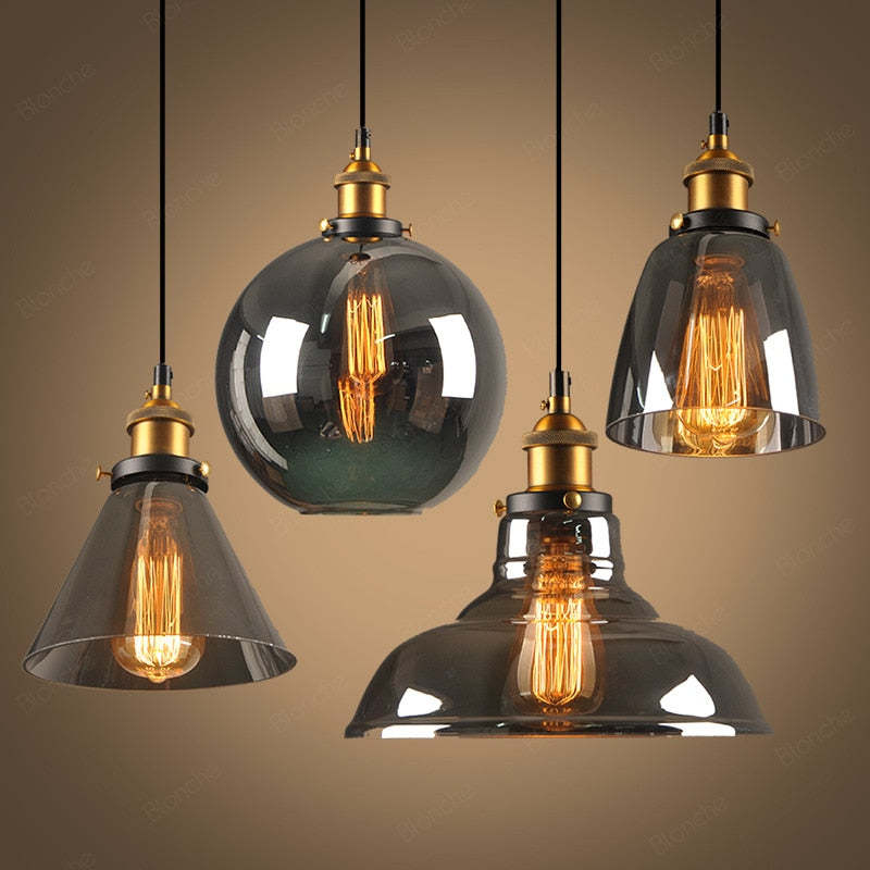 Teni Lampă suspendată industrială din sticlă Transparent/Chihlimbar/Gri Fumuriu